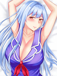 Rule 34 | 1girl, armpits, arms up, blue dress, blue hair, blush, breasts, cleavage, commentary request, dress, hair between eyes, huge breasts, kamishirasawa keine, long hair, looking at viewer, lying, mimasi osuwari, on back, on bed, puffy short sleeves, puffy sleeves, red eyes, ribbon, short sleeves, sideways glance, sleeveless, smile, solo, touhou, upper body