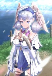 Rule 34 | 1girl, absurdres, blue eyes, braid, breasts, crown braid, dress, head wings, highres, juliet sleeves, lake, long sleeves, medium breasts, melia antiqua, o-ring, okazu2010015, puffy sleeves, short dress, silver hair, solo, thighhighs, water, white dress, wings, xenoblade chronicles: future connected, xenoblade chronicles (series), xenoblade chronicles 1