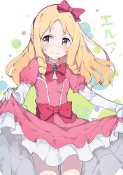 Rule 34 | 10s, 1girl, 3:, absurdres, blonde hair, bow, brown eyes, closed mouth, clothes lift, dress, dress lift, embarrassed, eromanga sensei, hair bow, highres, lolita fashion, long hair, looking to the side, pantie painting, pantyhose, pink dress, pointy ears, red bow, solo, tears, wavy mouth, yamada elf