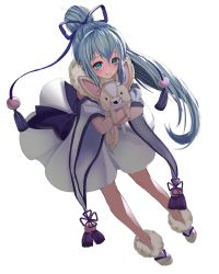 Rule 34 | 1girl, absurdres, blue eyes, blue hair, blue ribbon, blush, closed mouth, hair ribbon, highres, holding, holding stuffed toy, long hair, looking at viewer, mellozzo, original, ponytail, ribbon, sandals, smile, solo, stuffed animal, stuffed toy, white legwear
