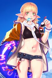 Rule 34 | 1girl, adapted costume, artist name, black sports bra, blonde hair, blue sky, blunt bangs, breasts, brown jacket, cleavage, cloud, commentary request, covered erect nipples, cowboy shot, day, denim, denim shorts, envenomist (gengoroumaru), food, food in mouth, gluteal fold, green eyes, hand up, highres, holding, holding removed eyewear, hood, hooded jacket, innertube, jacket, long sleeves, looking at viewer, medium breasts, midriff, mizuhashi parsee, mouth hold, navel, open clothes, open jacket, outdoors, pointy ears, popsicle, red-framed eyewear, scarf, shiny skin, short hair, short shorts, shorts, sky, smile, solo, sports bra, standing, stomach, sunglasses, swim ring, thighs, touhou, twitter username, unworn eyewear, white scarf, wide sleeves, wrist cuffs
