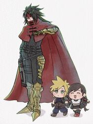 Rule 34 | 1girl, 2boys, armor, armored boots, baggy pants, belt, belt buckle, black hair, black jacket, black pants, black skirt, black thighhighs, blonde hair, blue eyes, boots, brown footwear, brown hair, buckle, cape, chibi, clawed gauntlets, cloak, closed eyes, closed mouth, cloud strife, commentary request, covered mouth, crop top, earrings, elbow gloves, final fantasy, final fantasy vii, final fantasy vii rebirth, final fantasy vii remake, fingerless gloves, full body, gauntlets, gloves, grey background, gun, handgun, headband, height difference, highres, holding, holding gun, holding hands, holding weapon, jacket, jewelry, light blush, long hair, looking at another, low-tied long hair, midriff, multiple belts, multiple boys, open hand, open mouth, pants, red cape, red cloak, red eyes, red footwear, red headband, rena s1226, ribbed sweater, short hair, shoulder armor, single earring, single gauntlet, skirt, sleeveless, sleeveless turtleneck, smile, sparkling eyes, spiked hair, standing, suspender skirt, suspenders, sweater, tank top, thigh strap, thighhighs, tifa lockhart, turtleneck, turtleneck sweater, vincent valentine, walking, weapon, white tank top, zettai ryouiki