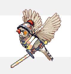 Rule 34 | animal, animal focus, armor, armored animal, bird, black eyes, bottomless, chest armor, closed mouth, commentary, english commentary, finch, flying, from side, full body, helmet, holding, holding sword, holding weapon, holding with feet, illufinch, no humans, original, pixel art, plate armor, plume, simple background, spread wings, sword, weapon, white background, zebra finch