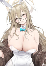 Rule 34 | 1girl, akane (blue archive), akane (bunny) (blue archive), animal ears, aqua bow, aqua bowtie, black-framed eyewear, blue archive, bow, bowtie, breasts, brown eyes, cleavage, detached collar, fake animal ears, fpanda, glasses, halo, highres, large breasts, leotard, light brown hair, long hair, low neckline, official alternate costume, plaid shawl, playboy bunny, rabbit ears, shawl, strapless, strapless leotard, traditional bowtie, white background, white leotard