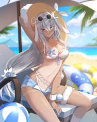 Rule 34 | 1girl, absurdres, alpha (punishing: gray raven), bikini, breasts, cleavage cutout, clothing cutout, hair between eyes, highres, lifebuoy, long hair, looking at viewer, lucia: crimson abyss (punishing: gray raven), lucia: crimson abyss (seaside sunbath) (punishing: gray raven), official alternate costume, punishing: gray raven, red eyes, solo, swim ring, swimsuit, white hair
