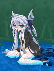 Rule 34 | blue eyes, boots, bow, breasts, flat chest, forest, hair bow, long hair, mof, mof&#039;s silver haired twintailed girl, nature, nipples, oekaki, open clothes, open shirt, original, outdoors, panties, shirt, silver hair, solo, thighhighs, twintails, underwear, very long hair, water