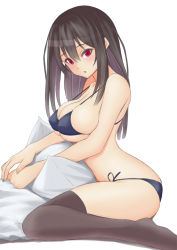 Rule 34 | 1girl, :o, bikini, black hair, black thighhighs, blue bikini, blush, breasts, bursting breasts, chestnut mouth, cleavage, large breasts, long hair, looking at viewer, muffin (sirumeria), original, pillow, red eyes, side-tie bikini bottom, simple background, skindentation, solo, strap gap, swimsuit, thighhighs, undersized clothes, white background