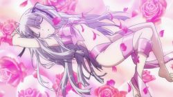 Rule 34 | 10s, 1girl, absolute duo, breasts, closed eyes, flower, naked ribbon, navel, ribbon, screencap, silver hair, small breasts, solo, underboob, yurie sigtuna
