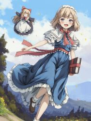 Rule 34 | 1girl, alice margatroid, blonde hair, blue dress, blue eyes, blush, book, brown footwear, capelet, day, dress, grimoire of alice, hairband, highres, holding, holding book, kinoniku, open mouth, outdoors, shanghai doll, shoes, short hair, short sleeves, smile, socks, solo, touhou, white capelet, white socks