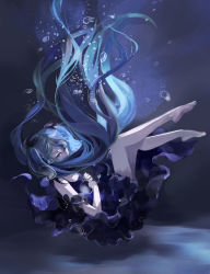 Rule 34 | 1girl, bad id, bad pixiv id, bare legs, bianzao, blue hair, bubble, dress, hatsune miku, highres, long hair, shinkai shoujo (vocaloid), solo, submerged, underwater, very long hair, vocaloid, wet, wet clothes