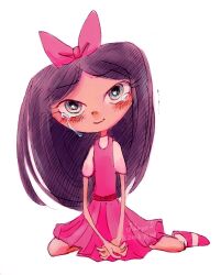 Rule 34 | 1girl, black hair, blue eyes, bow, child, daytoday, dress, hair bow, highres, isabella garcia-shapiro, long hair, phineas and ferb, pink bow, pink dress, pink footwear, shirt, sitting, smile, tears, toon (style)