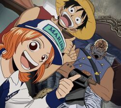 Rule 34 | 1girl, 2boys, :d, axe hand morgan, bare shoulders, black eyes, black hair, blonde hair, blue headwear, closed mouth, dark-skinned male, dark skin, hat, highres, long sleeves, monkey d. luffy, multiple boys, nami (one piece), one piece, one piece (live action), open mouth, pointing, pointing at another, shirt, short hair, smile, sony (gaysony), straw hat, teeth, weapon, white headwear