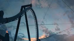 Rule 34 | absurdres, banishment, cloud, fire, highres, no humans, original, power lines, roller coaster, scenery, signature, sky, sunset