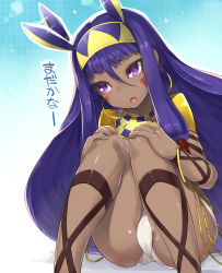 Rule 34 | 1girl, :o, animal ears, ankle lace-up, ass, blue hair, cross-laced footwear, dark skin, dark-skinned female, earrings, egyptian, egyptian clothes, fate/grand order, fate (series), highres, jewelry, knees up, nitocris (fate), partially visible vulva, purple eyes, sitting, solo, torimaru