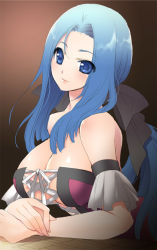 Rule 34 | 1girl, bad id, bad pixiv id, bare shoulders, blue eyes, blue hair, breasts, cleavage, corset, detached sleeves, dragon quest, dragon quest ix, hair ribbon, kotoji, large breasts, level-5, long hair, matching hair/eyes, ribbon, ruida, solo