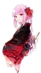 Rule 34 | 1girl, alternate costume, black kimono, blush, closed mouth, commentary, cropped torso, floral print, flower, furisode, hair flower, hair ornament, highres, hololive, hololive english, japanese clothes, kimono, lips, long hair, looking at viewer, mori calliope, obi, pink hair, ponytail, red eyes, red flower, sash, simple background, skull, smile, solo, spider lily, spider lily print, upper body, virtual youtuber, white background, yuyaiyaui