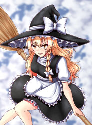 Rule 34 | &gt;:), 1girl, above clouds, apron, bad id, bad pixiv id, black dress, blonde hair, blurry, bow, braid, breasts, broom, broom riding, cloud, depth of field, dress, frilled dress, frills, grin, hair between eyes, hair bow, hat, hat bow, highres, kirisame marisa, lipstick, looking at viewer, makeup, medium breasts, puffy short sleeves, puffy sleeves, short sleeves, side braid, smile, solo, touhou, tsurime, v-shaped eyebrows, waist apron, white bow, witch hat, yellow eyes, zellam