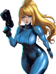 Rule 34 | 1girl, arm at side, artist name, blonde hair, blue eyes, bodysuit, breasts, closed mouth, commentary, covered navel, english commentary, english text, gun, hair between eyes, hand up, holding, holding gun, holding weapon, lips, long hair, metroid, nintendo, pink lips, ponytail, samus aran, simple background, smile, solo, standing, tight clothes, turtleneck, uliel, weapon, white background, zero suit