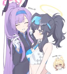 Rule 34 | 3girls, ^ ^, animal ears, bare shoulders, black coat, black hair, blue archive, breasts, chibi, chibi inset, closed eyes, coat, crop top, detached collar, dog ears, glasses, gloves, grey eyes, twirling hair, hairband, hakuhatsu, halo, hand up, hibiki (blue archive), hibiki (cheer squad) (blue archive), highres, kotori (blue archive), kotori (cheer squad) (blue archive), long hair, millennium cheerleader outfit (blue archive), multiple girls, navel, pony (animal), purple hair, red eyes, small breasts, smile, sticker on face, translation request, upper body, utaha (blue archive), utaha (cheer squad) (blue archive), v arms, white background, white gloves