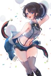 Rule 34 | 1girl, bad id, bad twitter id, black hair, blouse, blue eyes, blue jacket, blue sky, blush, braid, breasts, confetti, crop top, grey shirt, grey thighhighs, hat, highres, hip vent, hololive, jacket, looking at viewer, medium breasts, navel, oimo 0imo, oozora subaru, oozora subaru (work), open mouth, shirt, short hair, shorts, simple background, sky, sleeveless, sleeveless shirt, smile, solo, striped clothes, striped shirt, suspender shorts, suspenders, thigh gap, thighhighs, thighs, vertical-striped clothes, vertical-striped shirt, virtual youtuber, white background, white hat