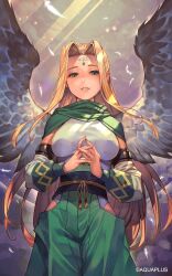 Rule 34 | 1girl, angel wings, blonde hair, blue eyes, breasts, copyright notice, detached sleeves, feathers, green pants, green shawl, highres, hungry clicker, large breasts, long hair, looking at viewer, official art, pants, smile, solo, ulthury, utawarerumono, utawarerumono: lost flag, wings