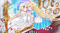 Rule 34 | alice (alice in wonderland), animal ears, bad id, bad pixiv id, bare shoulders, black footwear, blonde hair, blue dress, blue hairband, bookshelf, bow, card, checkered floor, choker, copyright name, cross, different reflection, dress, dress bow, eye contact, frilled dress, frills, hair between eyes, hair bow, hairband, head wings, highres, kerberos blade, kneeling, long hair, looking at another, mirror, official art, painting (object), pantyhose, petals, playing card, puffy short sleeves, puffy sleeves, rabbit ears, reflection, short sleeves, solo, sorakase sawa, striped clothes, striped pantyhose, very long hair, white bow, white choker, white dress, white wings, wings, wrist cuffs