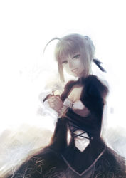 Rule 34 | 1girl, ahoge, artoria pendragon (fate), cleavage cutout, clothing cutout, dress, fate/stay night, fate (series), flower, hair ribbon, huamuan huamuan, lily (flower), lips, muted color, puffy sleeves, ribbon, saber (fate), smile, solo