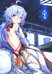 Rule 34 | 1girl, ahoge, artist request, ass, bare shoulders, black pantyhose, blue hair, blush, breasts, detached sleeves, from behind, ganyu (genshin impact), genshin impact, highres, horns, ice, long hair, looking at viewer, looking back, medium breasts, pantyhose, purple eyes, shiny clothes, shiny skin, sideboob, smile, solo, very long hair, waist cape