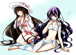 Rule 34 | 2girls, ;p, aosa (michikusakan), arm support, barefoot, bikini, bikini under clothes, black hair, blueness (michikusakan), blush, bow, bracelet, breasts, brown eyes, cleavage, feet, front-tie top, hat, hat bow, hood, hoodie, jewelry, long hair, looking at viewer, multiple girls, nail polish, navel, nurarihyon no mago, one eye closed, open mouth, purple hair, red eyes, ribbon, seiza, setsura, sitting, small breasts, smile, snowflakes, swimsuit, swimsuit under clothes, toenail polish, toenails, tongue, tongue out, unzipped, very long hair, wink, youhime