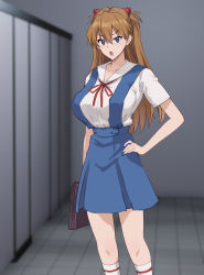 Rule 34 | 0byte, 1girl, alternate breast size, bag, blue eyes, blush, breasts, brown hair, hand on own hip, highres, holding, holding bag, large breasts, long hair, looking at viewer, neon genesis evangelion, open mouth, school bag, school uniform, skirt, solo, souryuu asuka langley, standing, tokyo-3 middle school uniform, twintails