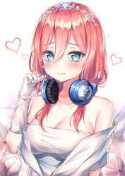 Rule 34 | 1girl, bad id, bad pixiv id, bare shoulders, blue eyes, blush, breasts, cleavage, closed mouth, collarbone, commentary request, dress, frown, gloves, go-toubun no hanayome, hair between eyes, hand up, headband, headphones, headphones around neck, heart, hinaki (hinaki 0102), large breasts, long hair, looking at viewer, nakano miku, pink hair, revision, solo, strapless, strapless dress, upper body, wedding dress, white background, white dress, white gloves