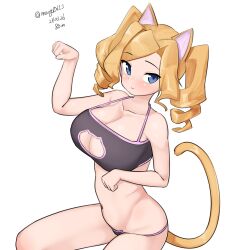 Rule 34 | 1girl, absurdres, animal ears, black bra, blonde hair, blue eyes, bra, breasts, cat cutout, cat ear panties, cat ears, cat lingerie, cat tail, cleavage, clothing cutout, collarbone, dated, drill hair, highres, honolulu (kancolle), kantai collection, large breasts, long hair, maru (marg0613), meme attire, navel, one-hour drawing challenge, panties, paw pose, simple background, solo, tail, twin drills, underwear, white background