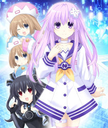 Rule 34 | 4girls, black hair, blue eyes, blush, bow, brown hair, choker, choujigen game neptune mk2, elbow gloves, gloves, hat, highres, kagura ittou, long hair, looking at viewer, multiple girls, nepgear, neptune (series), one eye closed, open mouth, purple eyes, purple hair, ram (neptunia), red eyes, ribbon, rom (neptunia), siblings, smile, thigh strap, twins, two side up, uni (neptune series)