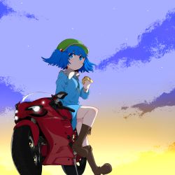 Rule 34 | 1girl, bad id, bad pixiv id, blue eyes, blue hair, blush, boots, cloud, collagen, female focus, hair bobbles, hair ornament, hat, highres, kawashiro nitori, key, looking at viewer, matching hair/eyes, motor vehicle, motorcycle, short hair, sitting, sky, solo, touhou, twintails, two side up, vehicle