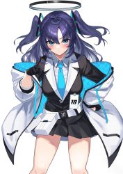 Rule 34 | 1girl, absurdres, black gloves, black skirt, blue archive, blue eyes, blue neckwear, blush, collared shirt, frown, gloves, half gloves, hand on own hip, headgear, highres, jacket, looking at viewer, multicolored clothes, multicolored jacket, necktie, open clothes, open jacket, purple hair, shirt, simple background, skirt, two-tone jacket, two side up, white background, yamanokami eaka, yuuka (blue archive)