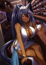 Rule 34 | 1girl, absurdres, animal ears, bar (place), bar stool, bare shoulders, blue gemstone, blue hair, bracelet, breasts, cleavage, crossed legs, cup, dark-skinned female, dark blue hair, dark skin, dress, ear ornament, gem, gold choker, hair between eyes, highres, hishi amazon (umamusume), holding, holding cup, horse ears, horse girl, horse tail, jewelry, large breasts, leaning forward, long hair, looking at viewer, necklace, on stool, parted lips, ponytail, red eyes, same kujira (challenger 310), sitting, smile, solo, sparkle, stool, tail, umamusume, very long hair, white dress