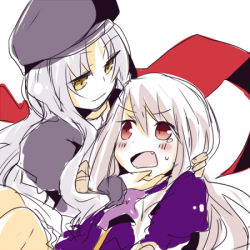 Rule 34 | 2girls, caren hortensia, fang, fate/hollow ataraxia, fate/stay night, fate (series), hand on another&#039;s face, hat, illyasviel von einzbern, lowres, multiple girls, open mouth, red eyes, shio kuzumochi, sweatdrop, white hair, yellow eyes