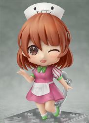Rule 34 | 1girl, artist name, blush, bow, brown eyes, brown hair, commission, faux figurine, green bow, green footwear, highres, nendoroid, one eye closed, open mouth, original, second-party source, shiori2525, short hair, short sleeves, smile, solo