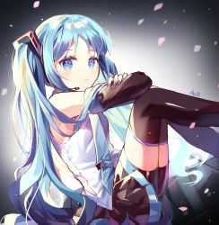 Rule 34 | 1girl, azit (down), bare shoulders, bike shorts, black shorts, black skirt, blue eyes, blue hair, blue nails, blue necktie, blush, brown sleeves, brown thighhighs, closed mouth, commentary, detached sleeves, fingernails, hair ornament, hatsune miku, headset, highres, knees up, long hair, long sleeves, looking at viewer, looking to the side, nail polish, necktie, petals, pleated skirt, shirt, short shorts, shorts, shorts under skirt, signature, skirt, sleeveless, sleeveless shirt, solo, thighhighs, twintails, very long hair, vocaloid, white shirt