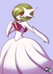 bob_cut creatures_(company) dress elbow_gloves game_freak gardevoir gen_3_pokemon gloves green_hair jadenkaiba mega_gardevoir mega_pokemon nintendo pink_eyes pokemon pokemon_(creature) purple_background signature simple_background strapless strapless_dress white_dress white_gloves