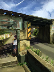 Rule 34 | 1girl, absurdres, against wall, bad anatomy, black skirt, black socks, blue sky, bridge, brown footwear, can, cloud, day, drink can, fence, full body, glance, highres, holding, kneehighs, loafers, long sleeves, looking at viewer, looking to the side, low twintails, original, outdoors, plant, pleated skirt, poorly drawn, railroad tracks, road, scenery, school uniform, shadow, shirt, shoes, sign, sketch, skirt, sky, sleeves past elbows, sleeves pushed up, socks, soda can, solo, summer, tsucchiy, twintails, white shirt, wide shot