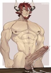 Rule 34 | 1boy, abs, absurdres, animal ears, arknights, arms at sides, bara, beard, completely nude, cow boy, cow ears, cow horns, cowboy shot, cum on penis, erection, facial hair, full beard, girthy penis, hairy, highres, horns, humus (arknights), kaito (kaitobaras), large pectorals, looking to the side, male focus, male pubic hair, mature male, muscular, muscular male, navel, nipples, nude, pectorals, penis, pubic hair, pubic stubble, red hair, short hair, solo, sparse arm hair, sparse chest hair, sparse leg hair, sparse navel hair, standing, stomach, thick eyebrows, uncensored