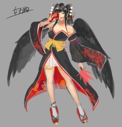 Rule 34 | 1girl, :p, absurdres, bare shoulders, black detached sleeves, black hair, black wings, breasts, cleavage, clog sandals, collarbone, contrapposto, dead or alive, dead or alive 6, detached sleeves, female focus, full body, grey background, hair ornament, hand up, hat, highres, japanese clothes, large breasts, legs, long hair, looking at viewer, mask, unworn mask, mole, mole under mouth, neck, nyotengu, official art, purple eyes, simple background, skirt, smile, solo, standing, strapless, tecmo, tokin hat, tongue, tongue out, twintails, white skirt, wide sleeves, wings