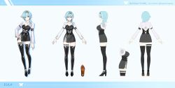 Rule 34 | 0jae, 1girl, absurdres, alternate costume, asymmetrical hair, black footwear, black hairband, black nails, black straps, blue hair, blue nails, boots, character name, character sheet, closed mouth, earrings, eula (genshin impact), genshin impact, hairband, hand on own hip, high heels, highres, jewelry, long sleeves, looking at viewer, multiple rings, multiple views, necklace, pearl necklace, purple eyes, ring, short hair, simple background, smile, standing, thigh boots, thigh strap