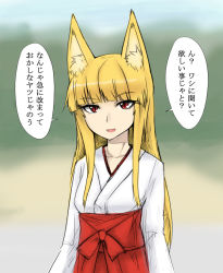 Rule 34 | 1girl, abubu, animal ears, blonde hair, fox ears, japanese clothes, miko, original, red eyes, solo, translated