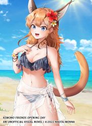 Rule 34 | 1girl, :d, ahoge, alt text, alternate costume, alternate hair length, alternate hairstyle, animal ears, arm at side, bare arms, bare shoulders, beach, bikini, bikini under clothes, blue eyes, bow, breasts, brown hair, caracal (kemono friends), caracal ears, cleavage, collar, colored inner hair, commentary, copyright notice, day, english commentary, extra ears, fingernails, flower, hair flower, hair ornament, halterneck, hand on own chest, hand up, horizon, jewelry, kemono friends, kemono friends opening day, long hair, lowleg, lowleg bikini, medium breasts, menna (0012), multicolored hair, navel, necklace, ocean, open mouth, orange hair, outdoors, parted bangs, sand, sarong, second-party source, see-through, side-tie bikini bottom, sidelocks, smile, solo, sparkle, stomach, string bikini, sun, sunlight, swimsuit, tail, two-tone hair, water, wristband