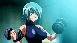 Rule 34 | animated, animated gif, bouncing breasts, breasts, divergence eve, dumbbell, exercising, green hair, kiri marialate, large breasts, muscular, purple eyes, weightlifting