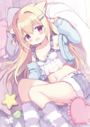 Rule 34 | 1girl, animal ear fluff, animal ears, azumi kazuki, bare shoulders, blonde hair, blue jacket, blush, breasts, camisole, collarbone, commentary, cropped jacket, feet out of frame, frilled pillow, frills, fur-trimmed shorts, fur trim, hair ornament, hairclip, heart, heart-shaped pillow, jacket, long hair, long sleeves, looking at viewer, melonbooks, midriff, navel, open mouth, original, pillow, puffy long sleeves, puffy sleeves, purple eyes, short shorts, shorts, small breasts, solo, white camisole
