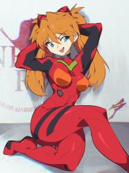 Rule 34 | 1girl, absurdres, aetherion, arms behind head, blue eyes, bodysuit, breasts, curvy, feet out of frame, hair ornament, highres, interface headset, long hair, medium breasts, neon genesis evangelion, nerv, open mouth, orange hair, plugsuit, red bodysuit, shiny clothes, shiny skin, sitting, smile, solo, souryuu asuka langley, twintails