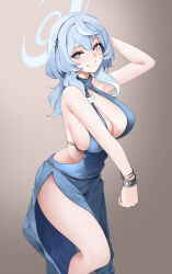 Rule 34 | 1girl, ako (blue archive), bare shoulders, blue archive, blue dress, blue eyes, breasts, cleavage, dress, highres, large breasts, looking at viewer, medium hair, noir (4chan), smile, solo